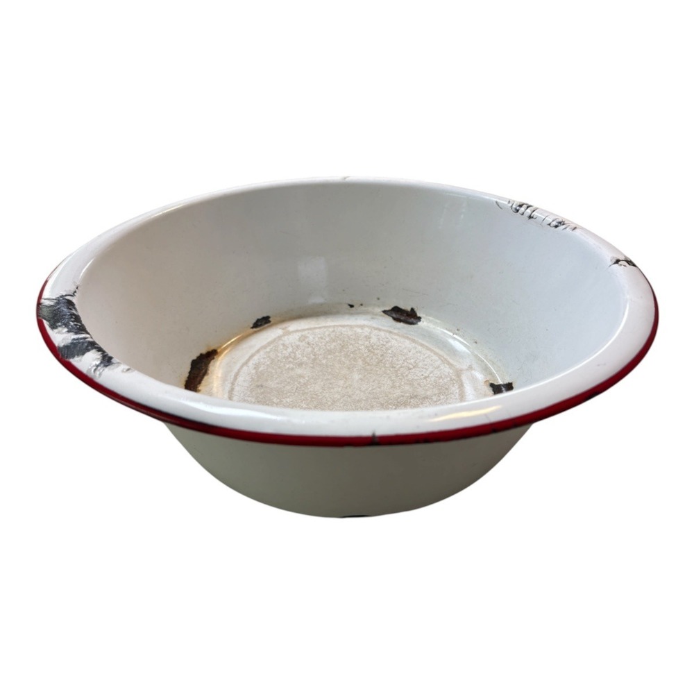 Vintage Enamelware Wash Basin White Red Rim Large Metal Farmhouse Bowl 15 inch